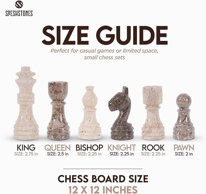 Marble Chess Set 12 Inch Handmade Travertine & Oceanic Board Game with Storage Box, Classic Travel Chess Set for Adults with Pieces & 2 Extra Queens, Elegant Gift & Home Décor