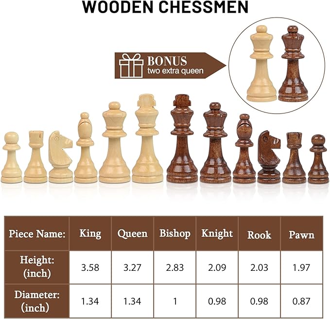 LEAP Wooden Chess Set 17" Inches - 2 Extra Queens - Folding Board Raised Edge, Handmade Portable Travel Chess Board Game Sets with Game Pieces Storage Slots - All Age Chess Set for Adults and Beginner