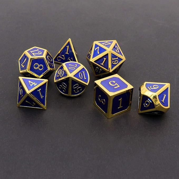 Haxtec Metal DND Dice Set 7 Die Gold Blue Metal D&D Dice for Dungeons and Dragons Games-Glossy Enamel Dice (Gold Blue)