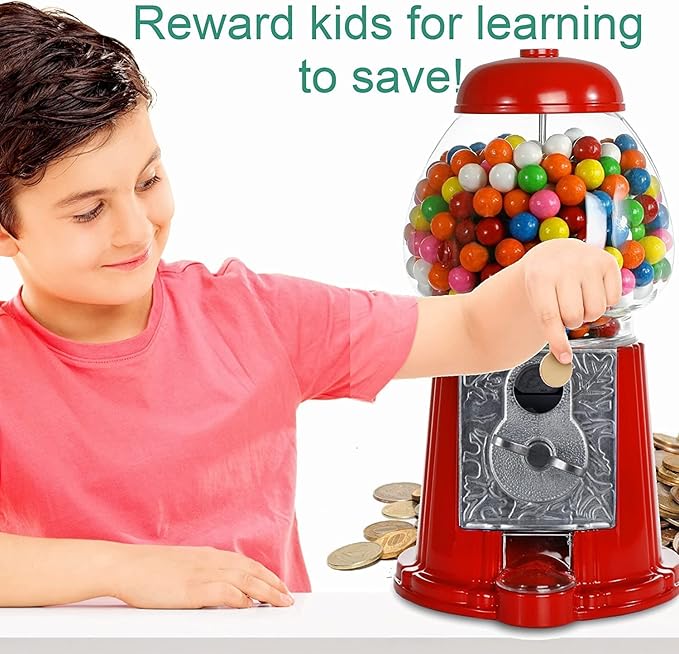 Gumball Machine for Kids 12" - Heavy Duty Metal with Glass - Christmas Antique Style Bubble Gum Machine - Kids Coin Operated Toy Bank for USA Coins - Candy Dispenser - Playo (Pink)