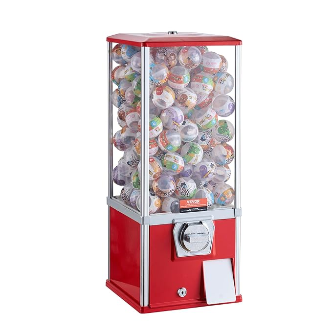 VEVOR Gumball Machine for Kids, 25" Height Home Vending Machine, PS Bouncy Balls Dispenser, Hold 230 Capsule Toys, Rectangle Bubble Gum Machine for Game Stores, Coin Operated Gumball Bank, Red