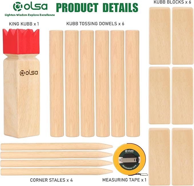 OLSA Kubb Outdoor Games Kubb Yard Games for Adults Family Viking Chess Lawn Game with Carrying Bag Giant Outdoor Toss Games for Backyard Beach Park Camping (Measuring Tape Included)