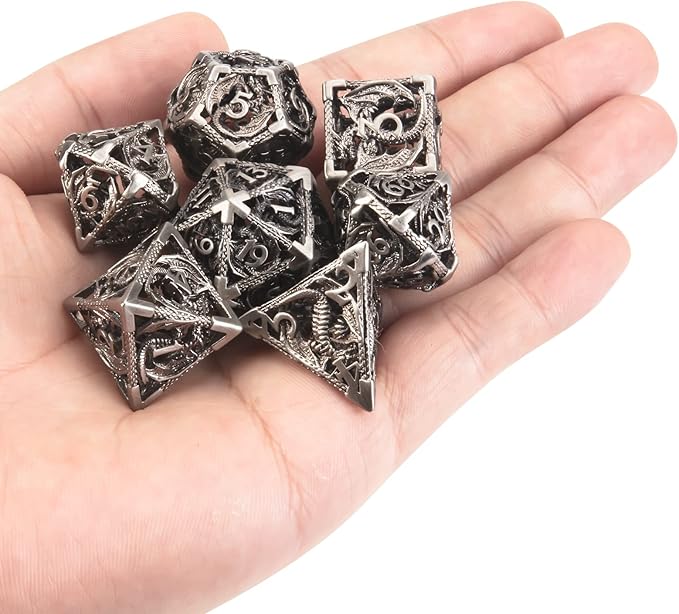 DND Dice,Hollow D&D Metal Dice,Dungeons and Dragons Dice Set with Gift Box,7 PCs Steampunk Polyhedral Dice Games Set for RPG,MTG,Pathfinder,(Dragon Ancient Silver)