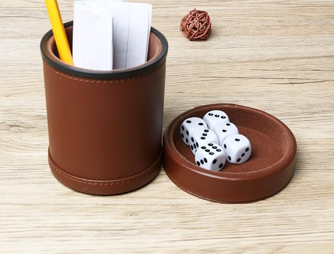 PU Leather Dice Cup Set with Lid Dark Brown Felt Lining Quiet Shaker Cup Includes 6 Dot Dice for Liars Dice Farkle Yahtzee Board Games, 1 Pack