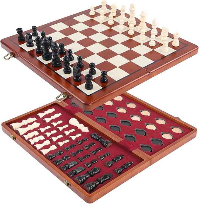 Magnetic Wooden Chess Set & Checkers Board Game - 15" Folding Chess Board, Portable Chess Set for Adults, Classic Wooden Chess Sets for Beginners