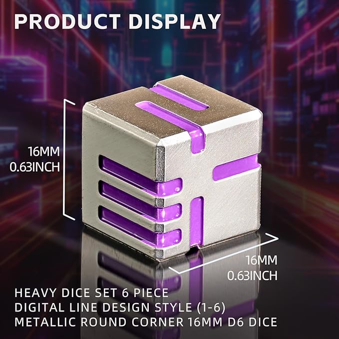 16MM 6 Sided Dice Set,Metal D6 Dice Set White Purple Line Round Edges Game Dice, with Gift Box for DND Dungeons and Dragons Role Playing Game(White Purple)