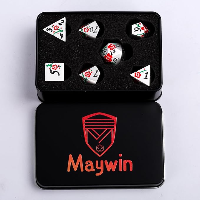 Metal Dice Set D&D, 7 PCS Flower Metal DND Polyhedral Dice Set with Box for Dungeons and Dragon Tabletop Game (Silver-red-Green)