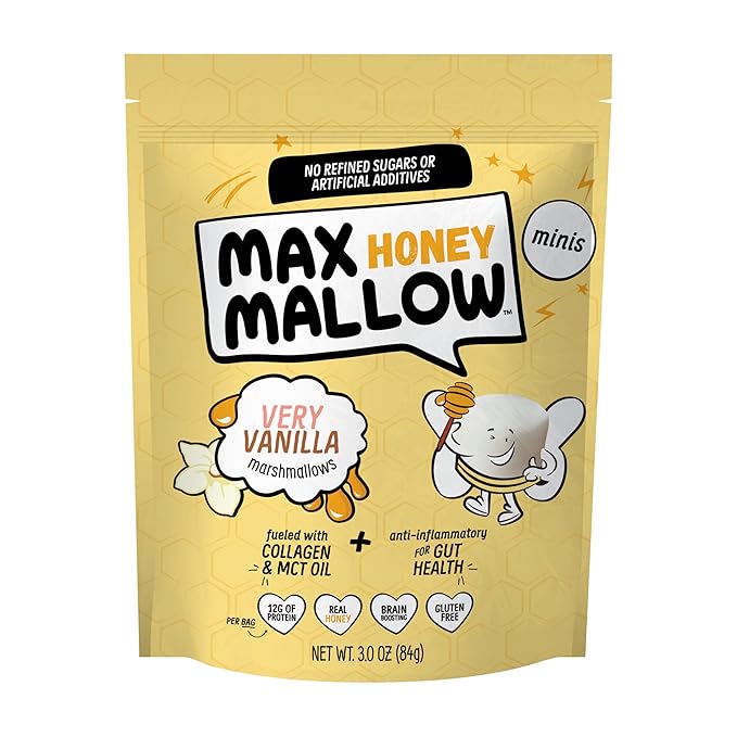 Max Mallow Very Vanilla Mini HONEY Marshmallows – Gut Friendly, Gluten Free, No Refined Sugars, Real Wildflower Honey, Collagen-Infused Snack (6 Pack, Very Vanilla)