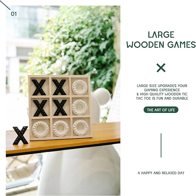 GENMOUS Wooden Tic Tac Toe Game Board for Seniors Family Indoor Game, 10.6 Inch White Rustic Giant Tic Tac Toe Coffee Table Decor, Tic Tac Toe Board Game Fun for Family Travel Outdoor Game Room Decor