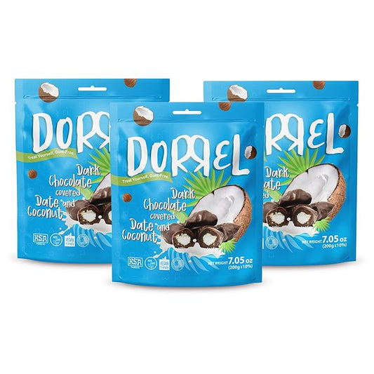DORREL - Belgian Dark Chocolate Covered Dates (Medjool) with Coconut Stuffing, High Energy Vegan Choco Snack, Delicious, Kosher & Non-GMO, Pack of 3 Stuffed Chocolate Dates, 7.05 oz / 200 g Ea