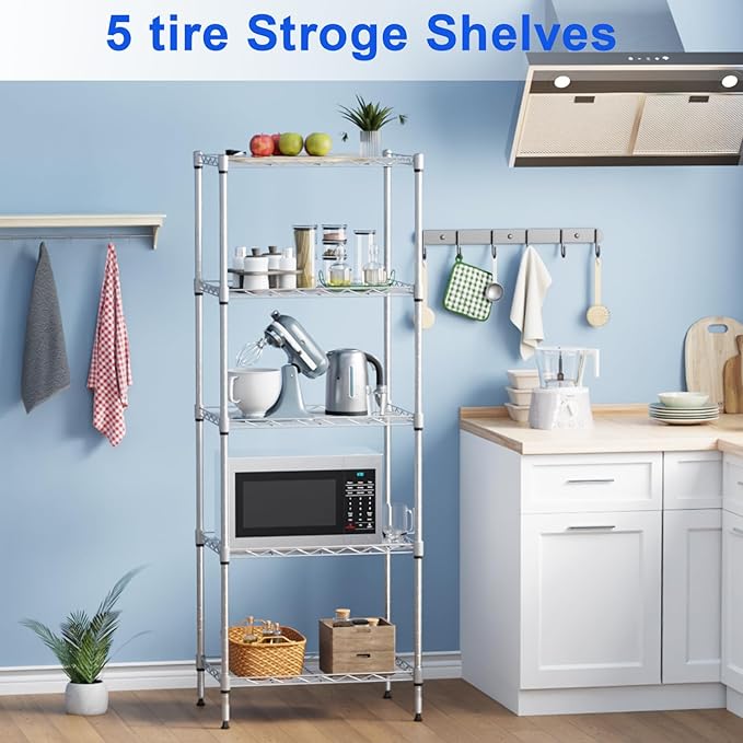 Metal Frame Storage Shelves 5-Tier Wire Shelving NSF Certified Storage Rack Shelf Heavy Duty Storage Shelf with Leveling Feet for Home Kitchen Garage, 12" Dx17 Wx48 H, Chrome