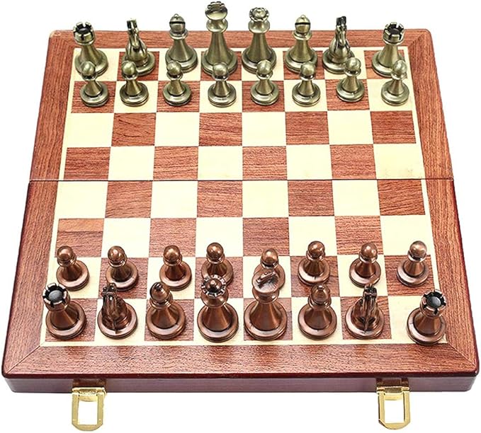 Large Metal Deluxe Chess Retro Copper Plated Alloy Chess Adult Set Board Game Portable Wooden Box Storage Folding, 2 Players Chess Set