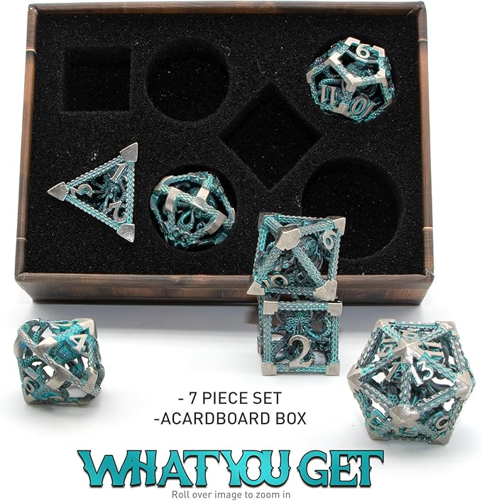 D&D Dice, Metal Polyhedral Dice Set Role Playing DND Dice for Dungeons and Dragons HNCCESG Hollow Cthulhu Dice for Table Game RPG MTG (Blue)