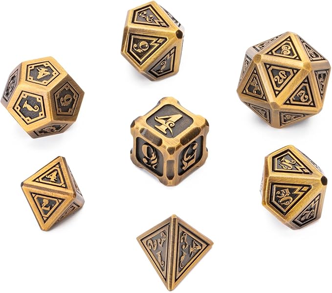 Retro Fantasy Metal Style 7pcs DND Dice Set with Beautiful Gift Box for Dungeons and Dragons MTR PRG Tabletop Games (Brass)