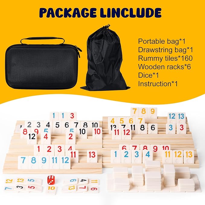 Rummy Cube 6 Player with 6 Wooden Racks, 160 Tiles, Portable Travel Game Set for Family Game Night, Travel Case, Drawstring Bag