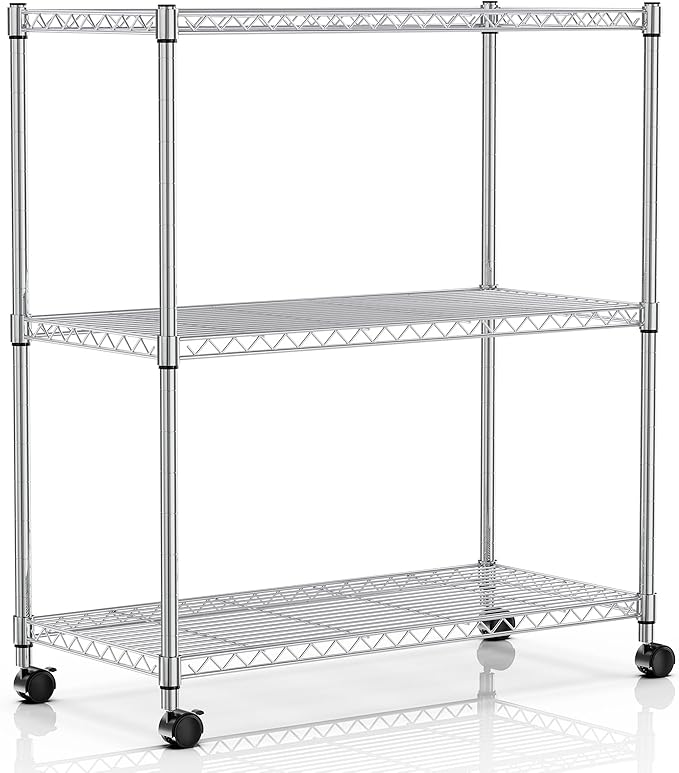 YSSOA 3-Tier Storage Shelves, 24.02" W x 13.78" D x 29.92" H Shelving Unit, 750 Lbs Loading Capacity, Chrome