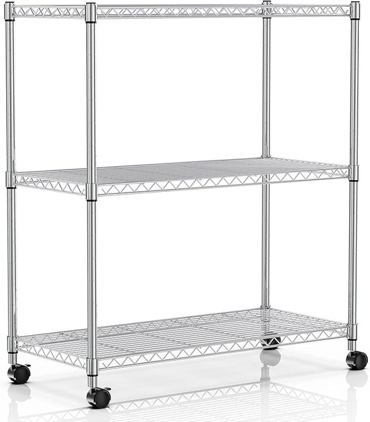 YSSOA 3-Tier Storage Shelves, 24.02" W x 13.78" D x 29.92" H Shelving Unit, 750 Lbs Loading Capacity, Chrome