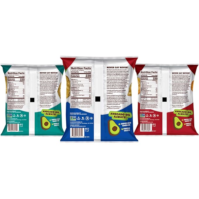 Jackson’s Classic Kettle Potato Chips (Variety Pack, 1.5 oz, Pack of 18) - Made with Premium Avacado Oil, Sea Salt, Salt & Vinegar and BBQ Flavors - Allergen-friendly, Gluten Free, Vegan