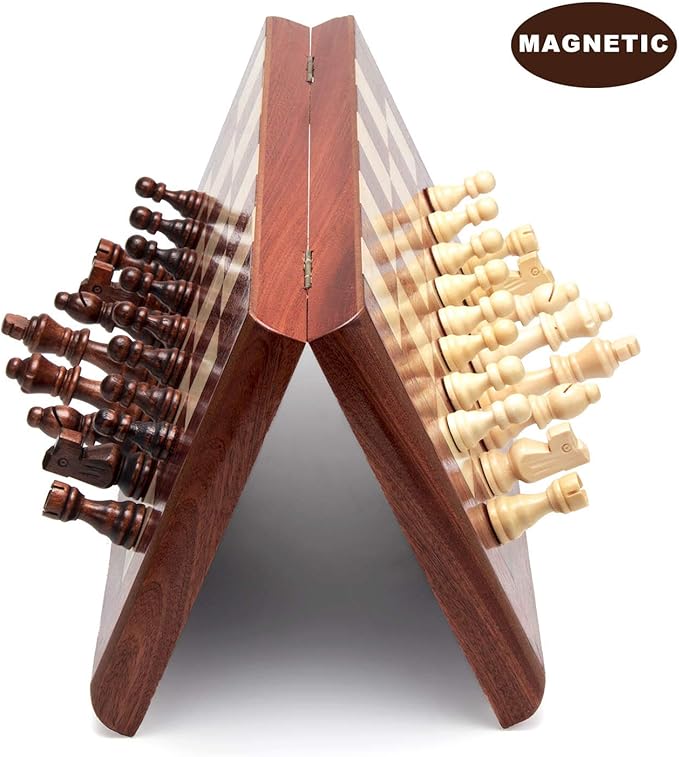 AMEROUS 15'' Magnetic Wooden Chess Set -Folding Board -2 Extra Queens -Chessmen Storage Slots -Gift Package, Travel Chess Board Game Sets for Kids and Adults