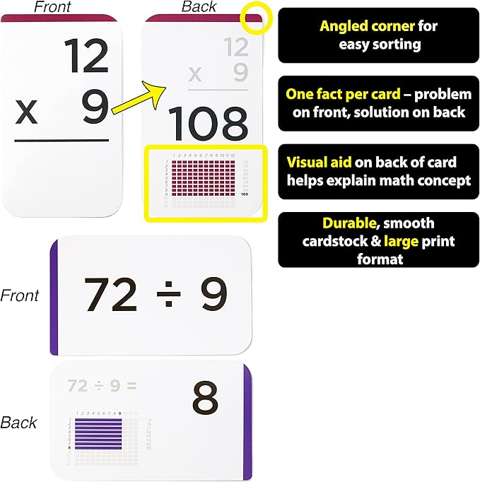 Think Tank Scholar 335 Multiplication & Division Flash Cards - 2 Math Dice (Award Winning) All Facts 0-12 Answer on Back, for Kids in 2ND, 3RD, 4TH, 5TH, 6TH Grade Class or Homeschool - Games & Charts