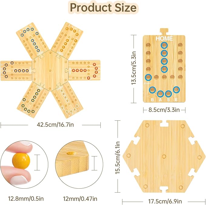 Wooden Marble Board Game for 2-6 Players, Portable Fast Track Board Game with 24 Marbles and 6 Dice for Family Friends, Party Game Night
