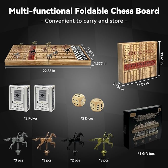Large 23 inches Horse Racing Board Game with 11 Luxury Metal Horses, Foldable Wood Horse Race Board Game with 2 Sets of Dice, 2 Boxes of Cards for Parties and Gambling