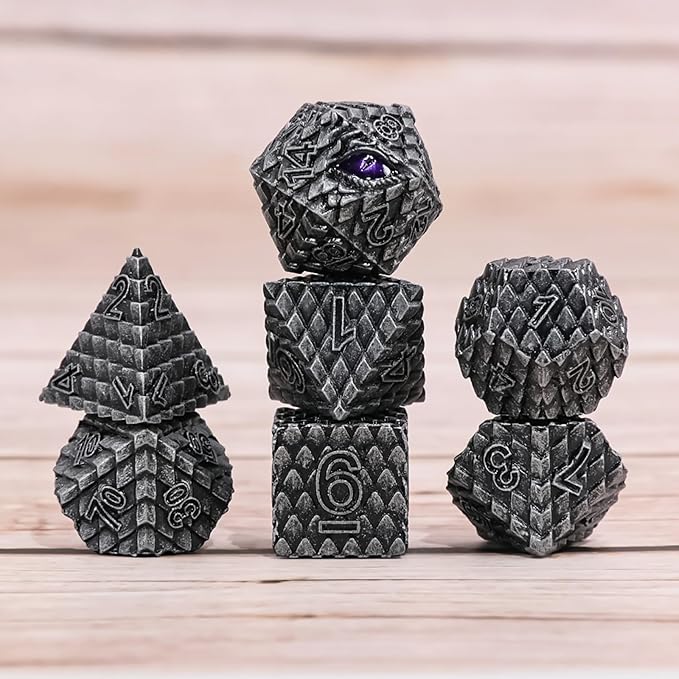 Metal Dice Set D&D,7 PCS Dragon Scale Metallic DND Dice Set,Dragon Eye Metal Dice with Grogeous Gift Case for Dungeons and Dragon Tabletop Game (Old Grey Dragon Scale & Purple Eye)