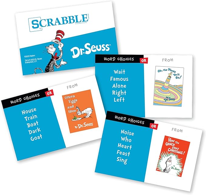 Scrabble Dr. Seuss Board Game | Official Scrabble Game with a Rhyming Twist | Custom Dr. Seuss Cards and Themed Scrabble Board | Bonus Points | Play Traditional Rules Plus New Features