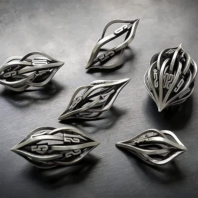 Thyggzjbs The Arcanum Dice Set for Table Games,3D Printed Carved Metal Hollow Polyhedral DND RPG MTG Game Set,Creative Craft Decoration,dice Families and Friend (Ancient silver)