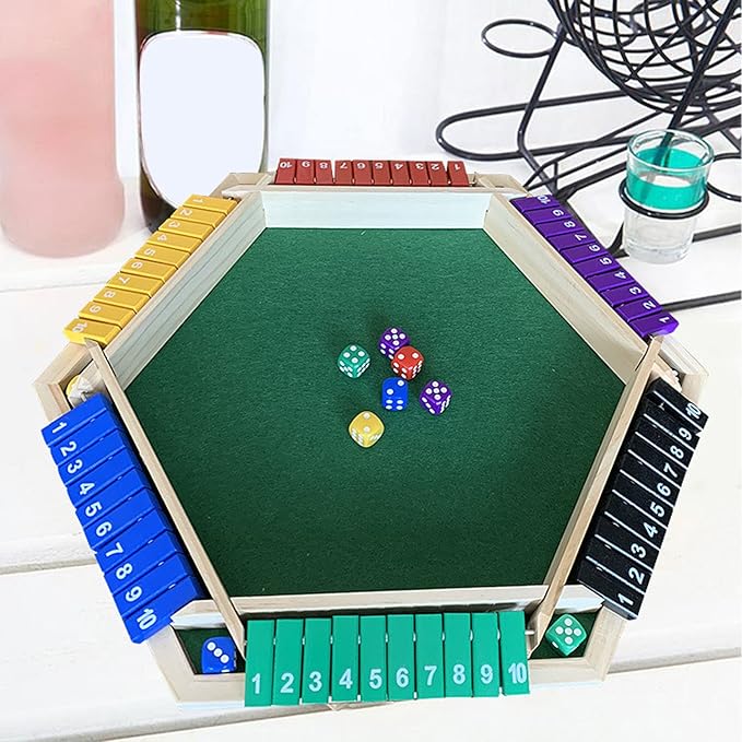 Wooden Shut The Box Dice Game for 6 Players - Multiplayer Tabletop Game with 12 Dice