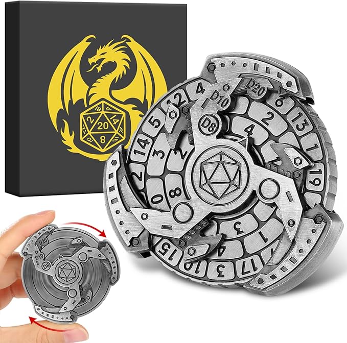 Spinner DND Dice Set, 7-in-1 Fingertip Gyro Metallic D&D Dice, DND Starter Set, Roulette Dice Spinner for DND Dice Set, D&D Gifts with Gift Box, Role Playing Game Board Game Accessories, Silver