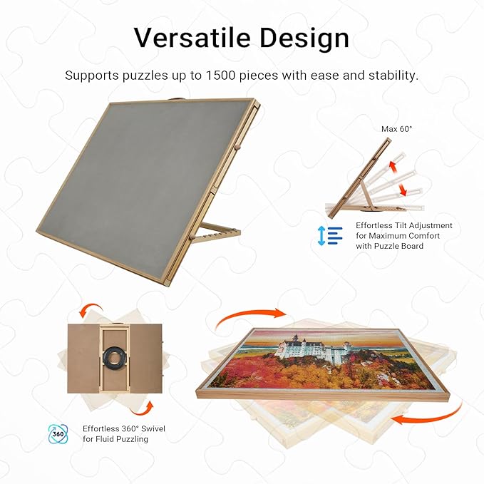 2-in-1 Rotating & Tilting Puzzle Table 1500 Pieces, 36"x26" Wooden Puzzle Board with Drawers, Lazy Susan Base, Cover, Storage Trays & Handle, Gift for Adults & Seniors, Varnished