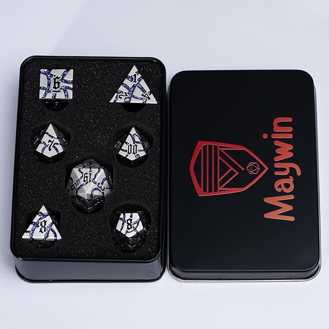 Dice Set D&D Dungeons and Dragons Dice D20 Metal DND Dice Set with Box, Polyhedral Role Playing Dice D12 D10 D% D8 D6 D4 for MTG RPG Board Games(Pearl Silver Purple)