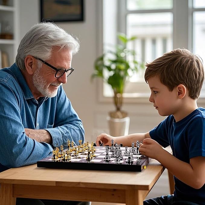 Metal Chess Set for Adults and Kids, 15''Large Marbling Chess Board with Storage –2 Extra Queens and 32 zinc Alloy Metal Pieces with a Sense of Weight,Folding Portable Travel Unique Chess Sets Game