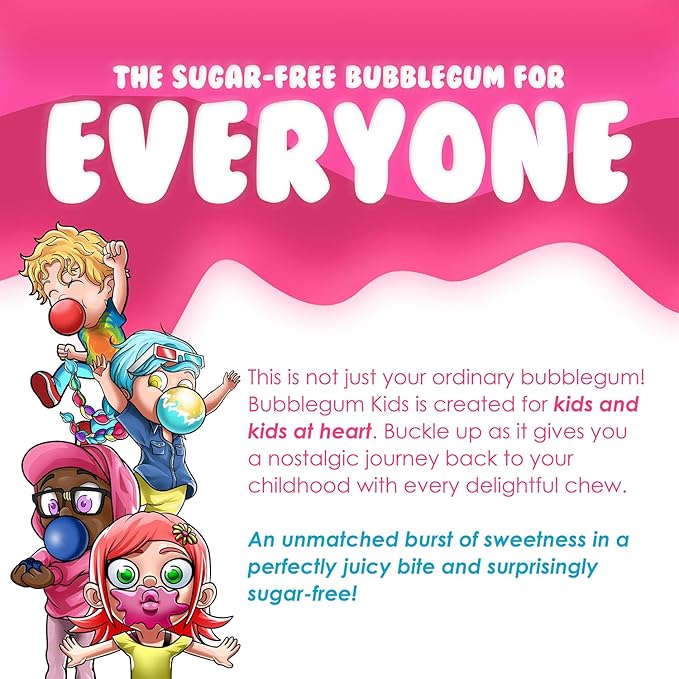 Bubblegum Kids Sugar Free Gum - For Kids and Adults - Vegan Friendly - Retro, Parent Approved Bubble Gum with Burst of Sweet Flavor - Variety Pack (4 Pack of Fruit Flavors)
