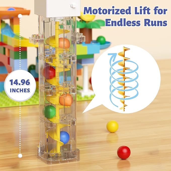 Marble Run Toy Motorized Elevator Marble Maze Kit with Perpetual Motion Machine, Building Block Educational Construction Game Playset STEM Learning Hand Eye Coordination Training Unlimited DIY