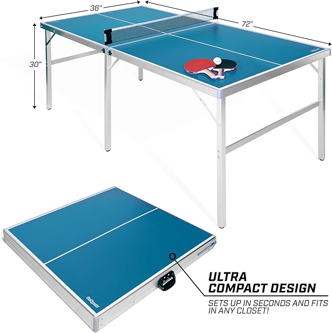 GoSports Mid-Size Table Tennis Game Set - Red or Blue - Indoor/Outdoor Portable Table Tennis Game with Net, 2 Table Tennis Paddles and 4 Balls