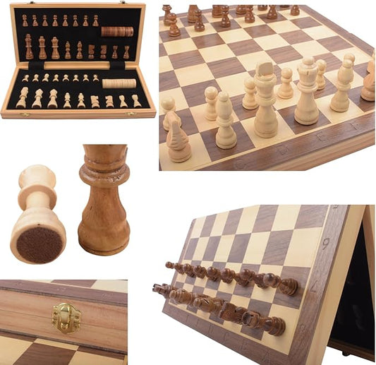 15" Folding Magnetic Wooden Chess Set – Travel-Friendly Portable Board Game with Staunton Pieces and Secure Storage Handcrafted Design for Home & Outdoor