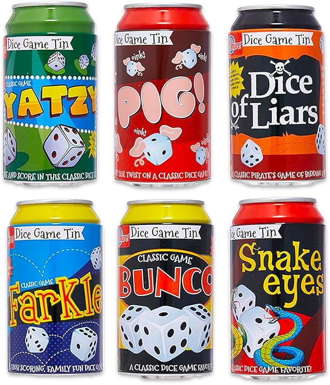 6 Pack Family Dice Games for Kids and Adults 4-8, 8-12 - Tin Can Travel Table Games and Activities, Farkle, Snake Eyes, Bunco, Dice of Liars, More | Family Game Night Bundle