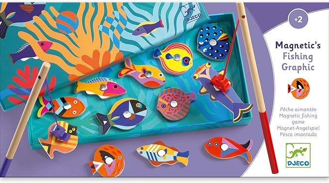 DJECO Fishing Graphic Magnetic Fishing Game - Catch Colorful Sea Creatures - Fun & Engaging for Family & Friends, Perfect for Gift - Wooden Toy for Children 2+ Years Girls & Boys