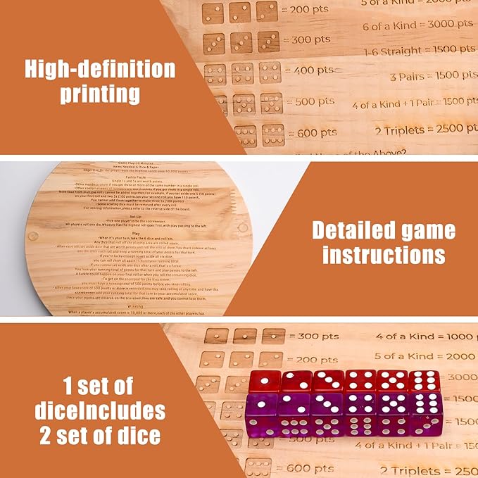 9.8-Inch Wooden Farkle Dice Tray with Printed Rules - Classic Farkle Board Game Set with 12 Pearl Dice, Score Pad & Velvet Pouch for Family Game Nights