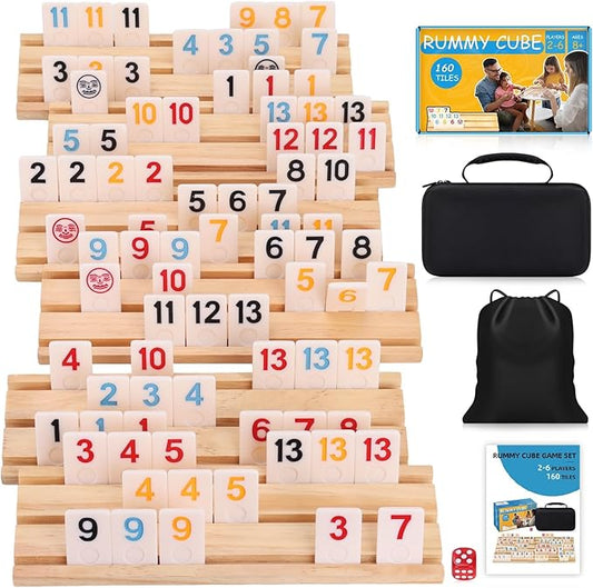 Rummy Cube 6 Player Edition with 6 Wooden Racks 160 Tiles Rummy Cube Game with Case 6 Players Travel Size Rummy Game Large Number Rummy Tiles Travel Game Set for Family Classic Board Games