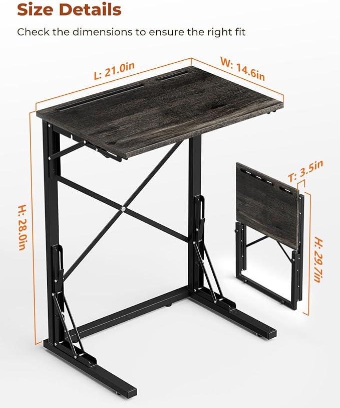 21''Wx28''H Folding TV Tray for Eating, Small Foldable C-Shaped Tray Table with Tablet and Phone Slots, Slide Under Couch Side Table for Recliner, Living Room, Bedroom, Deep Grey