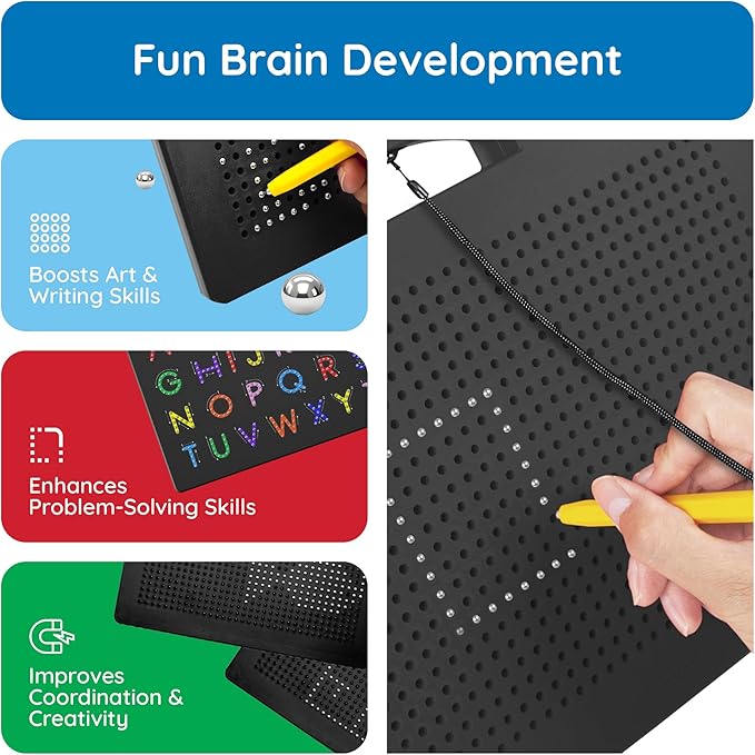 PicassoTiles 2-in-1 Magnetic Drawing Board Toy 12x10 inch Large Magnet Bead Tablet Pad with 2 Facings Alphabet STEM Free Style Educational Erasable & Reusable Learning Writing Playboard in Black PTB04