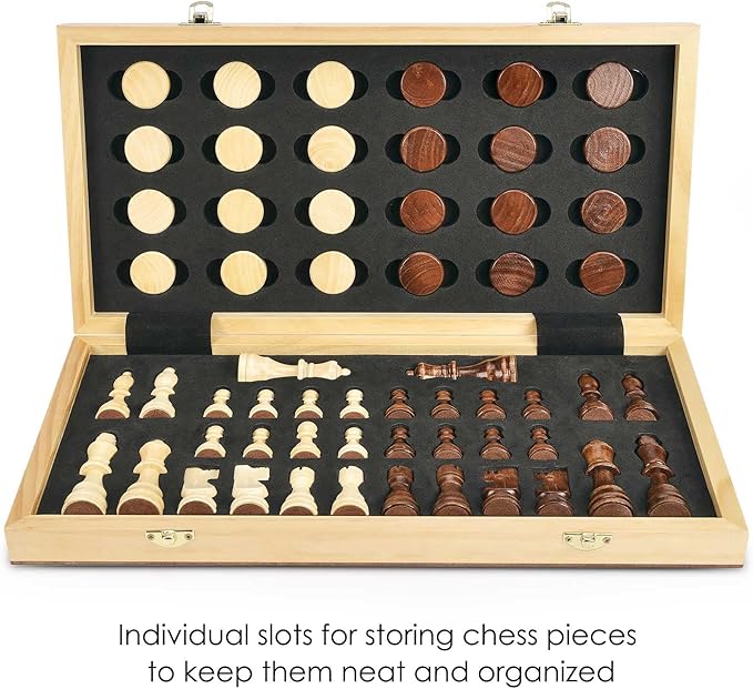 AMEROUS 15'' Magnetic Wooden Chess & Checkers Game Set -2 Extra Queens -24 Cherkers Pieces - Chessmen Storage Slots, Beginner Chess Set for Kids and Adults, Classic 2 in 1 Board Games