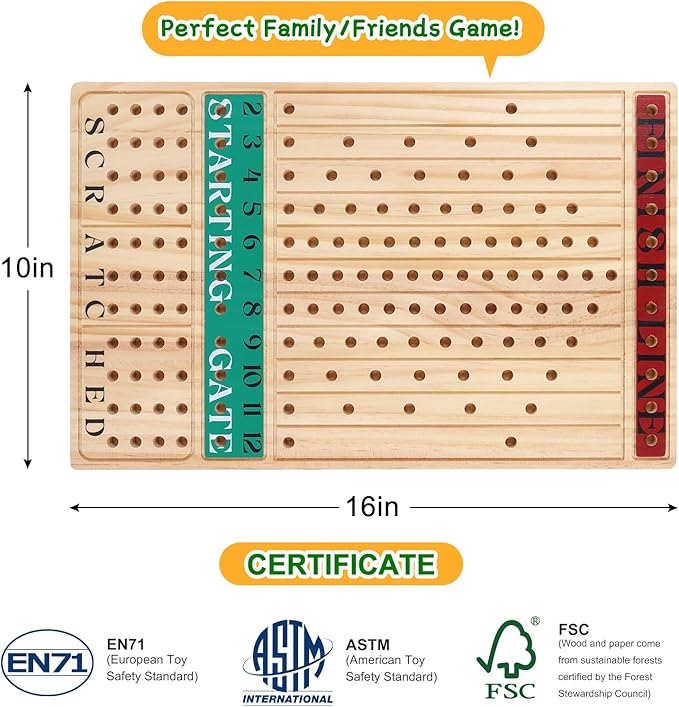 Horse Race Board Game – Thickened Wooden Chessboard with 11 Metal Horses, 2 Dice & 2 Card Decks, Family-Friendly Horse Racing Tabletop Game for Kids, Adults, Friends & Strategy Game Nights