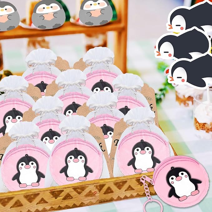 15 Pack Penguin Mini Coin Purses with Keyring for Penguin Winter Themed Party,Goodie Stuffer,Present for Friends,Guest Return Gift, Baby Shower,Birthday Party,Pink