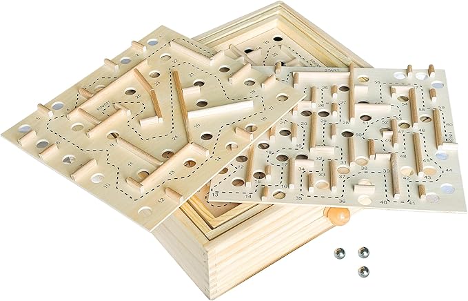 Sterling Games Wooden Labyrinth with 3 Swappable Boards – Classic Maze Game with 60, 36, and 25 Waypoints – Wooden Tilt Puzzle with Knob Control and 3 Steel Marbles for Kids Age 6+