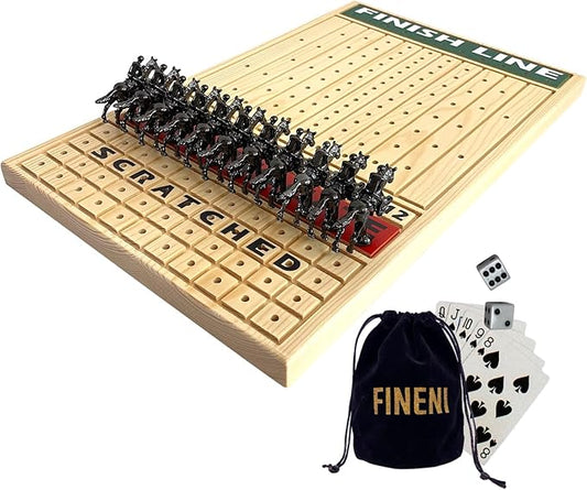 Horse Racing Game for Adults, Luxurious Metal Horses (Black) on 16' Pine Wood Board, Dice & Card Included