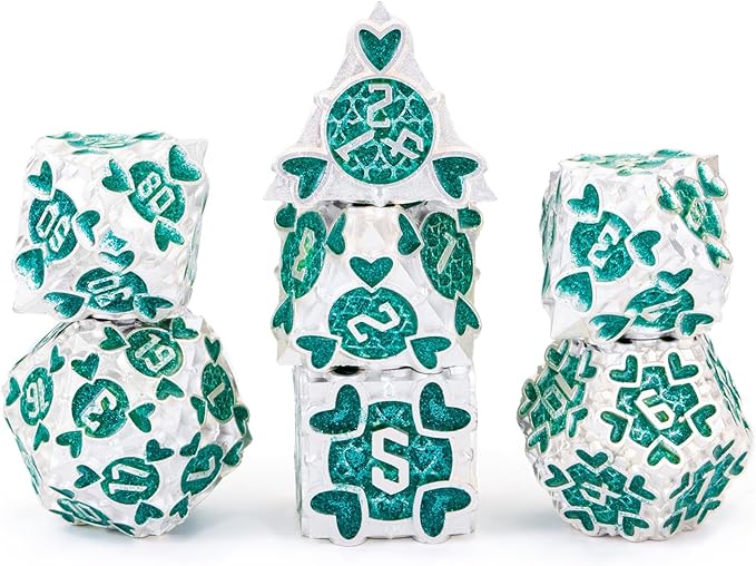 DND Metal Dice 7pcs DND dice Set with Gift Box for Dungeons and Dragons MTR PRG Tabletop Games (Silver-Green)